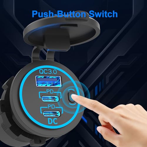 USB C Car Charger Socket 12V USB Outlet, 78W Dual 30W PD and 18W QC3.0 Multi Port Cylinder Charger with Button Switch Waterproof for Car Boat RV Marine Golf Cart Truck Bus Motorcycle etc. - color: 1 pack