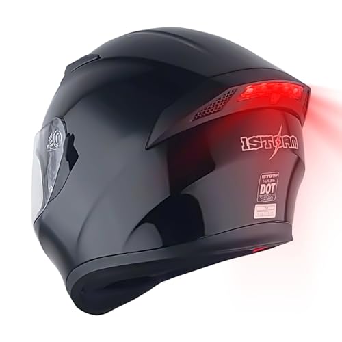1Storm Motorcycle Street Bike Dual Visor/Sun Visor Full Face Helmet Mechanic with LED Tail Light: Glossy Black - color: Z LED Glossy Black, size: Small