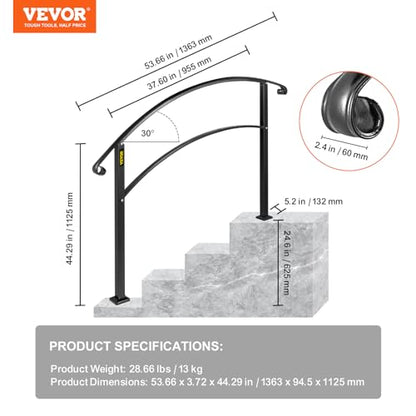 VEVOR 4-Step Handrail Fits 1 or 4 Steps Matte Black Stair Rail Wrought Iron Handrail with Installation Kit Hand Rails for Outdoor Steps - size: Black 3-4 Step, style: Style1 - Curved