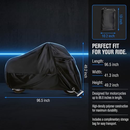 1 PC Motorcycle Cover, 190T Polyester Motorbike Cover with Storage Bag, Weather-resistant Outdoor Protector with Lock Holes, Universal for Most Motorcycles (Black)