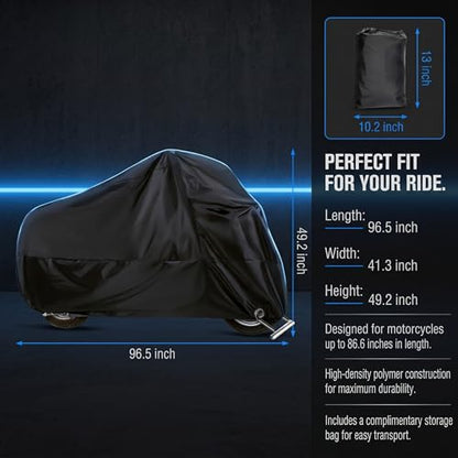 1 PC Motorcycle Cover, 190T Polyester Motorbike Cover with Storage Bag, Weather-resistant Outdoor Protector with Lock Holes, Universal for Most Motorcycles (Black)