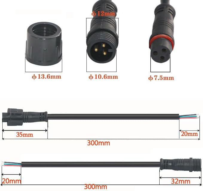 3pin Waterproof Connector,20AWG IP68 3Pin Male Female Plug LED Connector,with 30CM Extension Cable for Car,Indoor/Outdoor LED Strip Lights. - size: 20AWG 3Pin waterproof connector