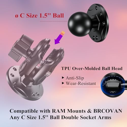 BRCOVAN 2 PCS, 1.5'' Ball Mount with Aluminum Alloy AMPS Hole Round Plate | Compatible with RAM Mounts C Size 1.5 Inches Ball Double Socket Arm