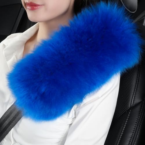 OGLAND Genuine Sheepskin Car Seat Belt Cover Pad-Soft Fuzzy Fluffy Seatbelt Covers-Comfy Shoulder Pad Neck Cushion Protector for Woman, Man, Girl Car Accessories (Long Wool Blue) - color: Long Wool Blue