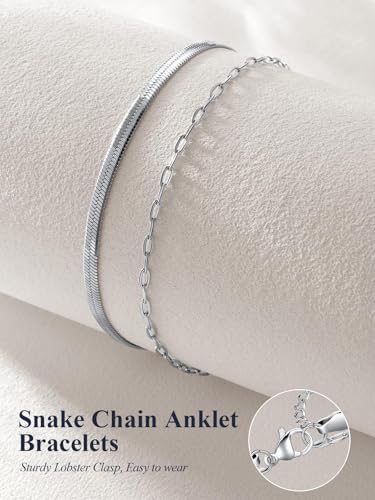 U7 Silver/Gold Ankle Bracelets for Women Layered Chain Anklets Stainless Steel Waterproof Summer Beach Anklet Cham, Adjustable 8.5"-10.5" - color: Silver - Flat Snake Chain+Paperclip Chain