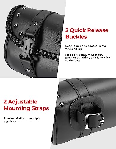 KEMIMOTO Motorcycle Tool Fork Bag PU Leather Universal Saddlebag for Front Fork Handlebar Sissybar Storage Pouch Motorcycle Roll Bag (Black Classic Buckle) - style: Black Classic Buckle