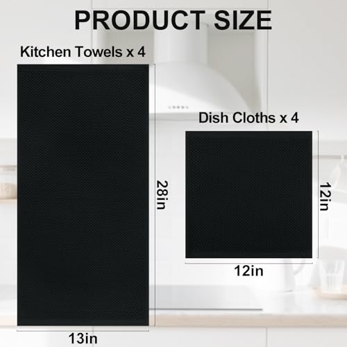 Homaxy 100% Cotton Kitchen Towels and Dishcloths Set, 12 x 12 Inches and 13 x 28 Inches, Set of 8 Bulk Kitchen Towels Set, Ultra Soft Absorbent Dish Cloths for Washing Dishes, Black - color: Black, style: 8-Piece Set