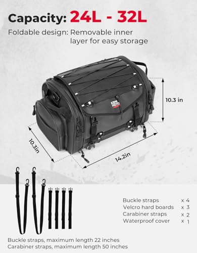 KEMIMOTO Motorcycle Travel Luggage Bags, Expandable Large Capacity Motorcycle Tail Bag, Waterproof Rear Rack Trunk, Motor Pannier Bag with Rain Cover and Straps 24L-32L - size: 24L-32L