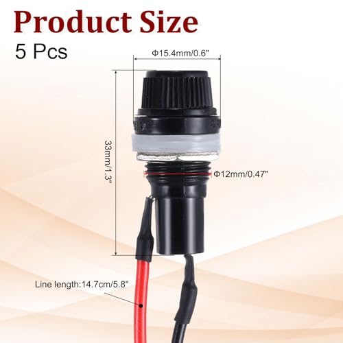 MECCANIXITY 5Pcs Panel Mount Fuse Holder 5x20mm AC 250V 10A/AC 125V 15A Screw Cap Fuse Holders with Pre-Soldered Wires,Round Shape Port - size: 5x20mm
