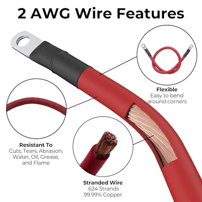 2 AWG Battery Cable with Battery Terminals, Pure Copper Wire, Automotive, Solar Power Inverter, Welding, Golf Cart, Lawn Mower, Motorcycle (Red Wire, 1.5 FT (18 in), 3/8" Lugs on Both Ends, 1pc) - color: Red, size: 1.5 FT 3/8" Lugs