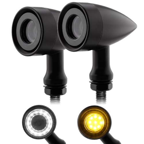 TSUNG Universal Motorcycle LED Turn Signals Lights Small Bullet Front Rear Blinkers Tail Lights for Cruiser Chopper Bobber Cafe Racer Street Bike (RING-Black, White&Amber) - color: RING-Black, size: 2PCS Front