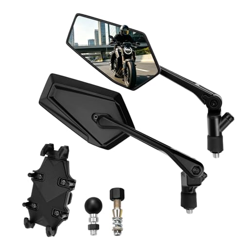 Motorcycle Mirrors For Handlebars With Phone Mount, Impact-Resistant ATV Mirrors, Adjustable Universal Rear View Mirrors Compatible With Honda Yamaha Suzuki Kawasaki E-Bike ATV Mopeds Scooter Cruiser