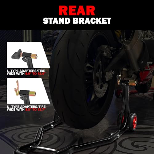 MOTO4U Motorcycle Front & Rear Stand, Front Rear Combo Stand Universal Wheel Lift Stand Swingarm Spool Lift Stand Paddock Stand (Red Wheel) - size: Front & Rear Stand Black