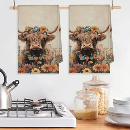 Highland Cattle Kitchen Towels Set of 2 Highland Cow Sunflower Dish Towels Bar Absorbent Cleaning Tea Towel for Home Dining Restaurants - color: Brown Beige