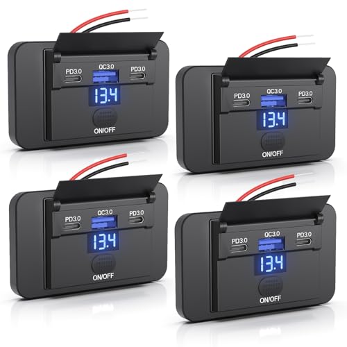 4PCS Gibbab 90W 3 Ports 12V RV USB Switch Outlet with Voltmeter, 2*36W PD3.0 Type-C Quick Charge & 18W QC3.0 Socket Panel Wall Mount Automotive Multi-Port Charger Adapter for Car Marine Truck Boat Bus - color: Deep Blue, size: 4PCS