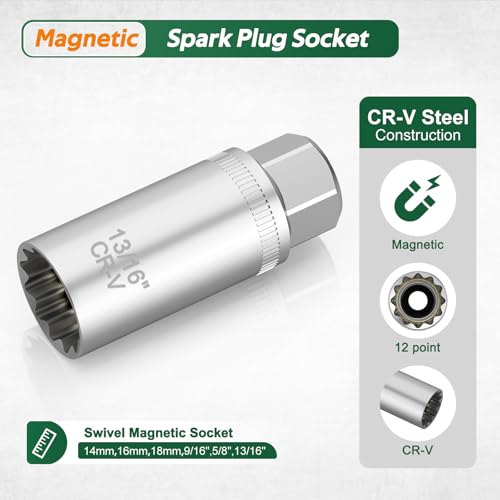 3/8 Inch Drive Spark Plug Socket Set, 12 Point, 11Pcs SAE & Metric Sizes 14mm, 16mm, 18mm, 9/16”, 5/8”, 13/16”, Magnetic Spark Plug Removal Tool with Extension Bar for Cars and Motorcycles - size: 11Pcs