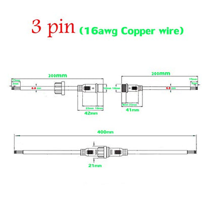 3 Wire Waterproof LED Connector, 16AWG Male Female Plug with IP65 Waterproof Wire Connectors, 20CM Extension Cable for Car LED Strip Lights - size: 16AWG 3Pin waterproof connector