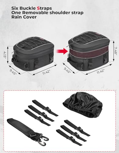 KEMIMOTO Motorcycle Tail Bag, Dual Use Motorcycle Rear Seat Bag with Waterproof Rain Cover, 7-14L Expandable Motorbike Small Bag Luggage Storage Backpack with 6 straps & 1 shoulder strap - size: 7L-14L