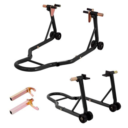 Motorcycle Front & Rear Stand Combo, Universal Adjustable Paddock Lift Stand, Swingarm Spool & Wheel Lift, 850lbs Capacity, Heavy-Duty Steel, Black