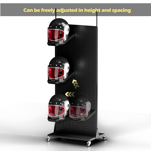 Motorcycle Helmet Holder Pegboard Display Stand-Helmet Hanger Wall Mount Double Sided Garage Pegboard Organizer with 30 Hooks for Motorcycle Bike,Football,Bicycle Helmet,Hat,Cap(with 6PCS Helmet Rack) - size: Pegboard Shelf + 9*Helmet Holder