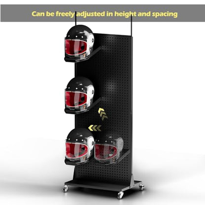 Motorcycle Helmet Holder Pegboard Display Stand-Helmet Hanger Wall Mount Double Sided Garage Pegboard Organizer with 30 Hooks for Motorcycle Bike,Football,Bicycle Helmet,Hat,Cap(with 6PCS Helmet Rack) - size: Pegboard Shelf + 9*Helmet Holder
