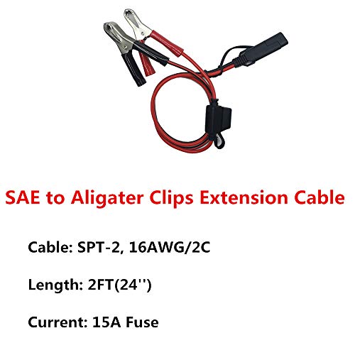 Aligater Clips Trickle Charger Extension Cable - 2FT SAE Battery Charger Clamps 12V-24V Quick Disconnect Extension Cord 15A Fuse for Pump Motorcycle Car Battery Solar Panels 2pack