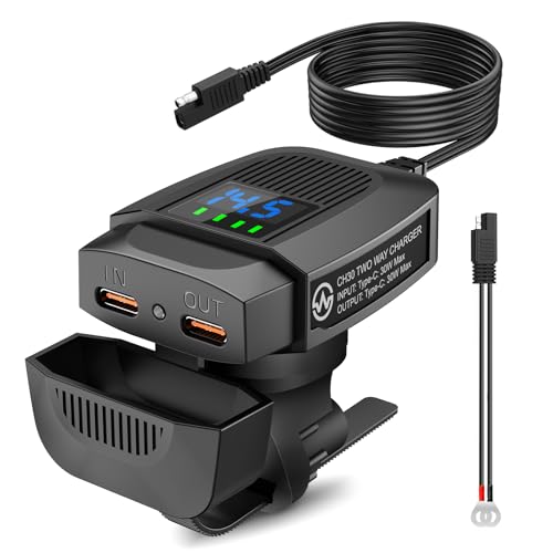 30W Dual Type-C PD 3.0 Motorcycle Two-Way Charger, SAE to USB Adapter with LED Voltmeter, Waterproof Fast Charger for 12-24V Motorcycle Car UTV Boat Battery Phone GPS