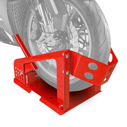 Big RED Motorcycle Wheel Chock, 1800 lbs Capacity Wheel Cradle Holder with 12 Adjustable Holes, for 16"-21" Motorcycles, Dirt Bike - color: RED wheel chock
