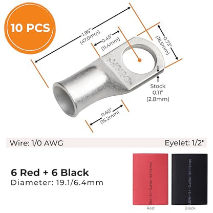 SELTERM 10pcs - 1/0 Awg - 1/2" Stud - Battery Lugs - Ring Terminal Connectors with 12pcs 3:1 Black & Red Heat Shrink Tubing with Adhesive | Heavy Duty Battery Cable Ends - Tinned Copper Wire Lugs Kit - color: Tinned Copper Lugs + Heat Shrinks, size: 1/0 A