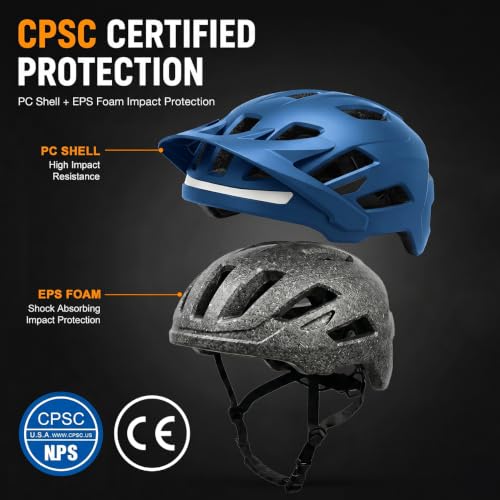 Bike Helmet, Helmets for Adults Men, Front and Back LED Lights Safe Certified MTB Road Bicycle Helmet with Adjustable Brim - color: Metal Blue, size: L (59-61cm)