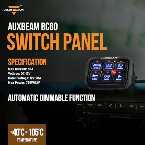 Auxbeam 6 Gang Switch Panel BC60 Universal Circuit Control Relay System Automatic Dimmable LED Switch Pod Touch Control Panel Switch Box for Car Truck Pickup Boat UTV SUV - Blue, 3 Years Warranty - size: 6 Gang, style: Blue (Without APP)