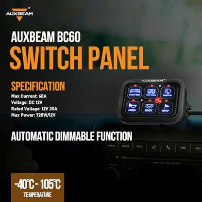 Auxbeam 6 Gang Switch Panel BC60 Universal Circuit Control Relay System Automatic Dimmable LED Switch Pod Touch Control Panel Switch Box for Car Truck Pickup Boat UTV SUV - Blue, 3 Years Warranty - size: 6 Gang, style: Blue (Without APP)