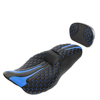 C.C. RIDER Motorcycle Seat Driver Passenger Touring Seat with Backrests for Harley Davison Electra Glide Classic Street Glide Road Glide 2009-2023 - color: Black Blue Seat + Backrest