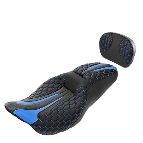 C.C. RIDER Motorcycle Seat Driver Passenger Touring Seat with Backrests for Harley Davison Electra Glide Classic Street Glide Road Glide 2009-2023 - color: Black Blue Seat + Backrest