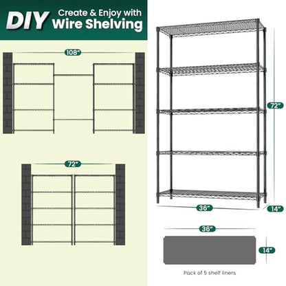5-Tier Storage Shelves 72" H Wire Shelving, Adjustable Metal Shelving Pantry Shelves, 1325LBS Heavy Duty Rack with Shelf Liners for Garage Commercial Kitchen, 36" W x 14" D x 72" H, Black - size: 36" W x 14" D x 72" H-5 Tier