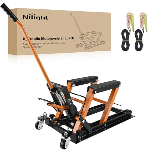 Nilight Motorcycle Lift Jack 1500 LBS Hydraulic Lifts ATV Scissor Jacks with Wheel Foot Pedal Handle Ratchet Belt Heavy Duty Lifter Stand Hoist Table for Dirt Bike Garage Storage Repair Tool,Orange - color: Orange Hydraulic w Wheels