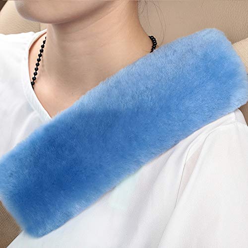 OGLAND Genuine Sheepskin Plush Fuzzy Car Seat Belt Should Pad, Soft Fluffy Seatbelt Strap Covers for Neck Cushion Protector Car Accessories (Sky Blue, 1Pcs) - color: Sky Blue