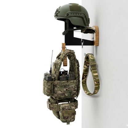 Motorcycle Helmet Holder, Tactical Gear Rack Wall Mount, Solid Wood Body Armor Stand, Plate Carrier Hanger Display Organizer for Police Football Football Skiing, Jacket, Equipment