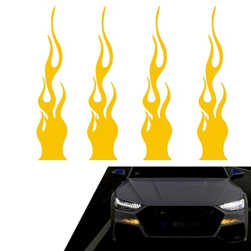 4 PCS Car Flame Reflective Sticker, 1.2" x 5.9" Waterproof Stripe Graphic Racing Sports Flame Decal, Vinyl Self Adhesive Safety Stickers for Car Bumper Mirror Motorcycle Helmet (Yellow) - color: Yellow
