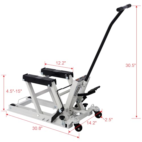 Hydraulic Motorcycle Lift Jack 1500 LBS Capacity ATV Scissor Lift Jacks Portable Motorcycle Lift Table Powersports Stands with 4 Wheels and Hydraulic Foot-Operated Hoist Stand with 4 Tie Down