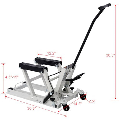 Hydraulic Motorcycle Lift Jack 1500 LBS Capacity ATV Scissor Lift Jacks Portable Motorcycle Lift Table Powersports Stands with 4 Wheels and Hydraulic Foot-Operated Hoist Stand with 4 Tie Down