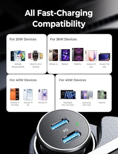 LISEN 90W USB C Car Charger USB C Fast Charge, 45W PD&QC 3.0 Fast Car Charger for iPhone 17 Pro Max 16 15 Pro, Cigarette Lighter USB Charger Adapter for Samsung S26 S25, Android [Metal&Mini] Sockets