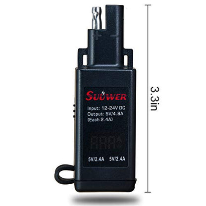 Suuwer 5V 4.8A Dual USB Motorcycle Charger - Quick Disconnect SAE Adapter with LED Voltmeter & ON/Off Switch