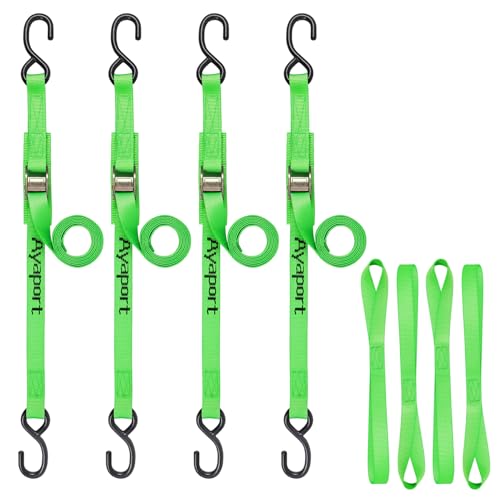 Ayaport Cam Buckle Tie Down Straps 10 feet 2200lbs Break Strength Green Securing Straps with S Hooks for Motorcycle, Kayak, Car, Truck, Dirt Bike - size: Cam Buckle-1"x10\' green