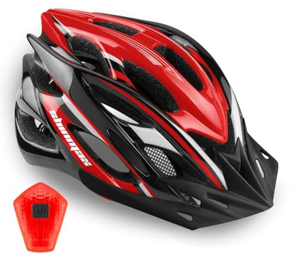 Bike Helmet Men Women, Shinmax Bicycle Helmet with Rear Light and Detachable Visor - color: Black/Red/White, size: Medium (54-58 cm)