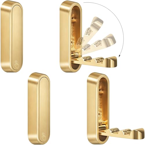 Foldable Wall Hooks, 40lbs Heavy Duty Rustproof Zinc Alloy Folding Coat Hooks, 4PCS Gold Space-Saving Hangers for Bathroom Kitchen Entryway Towels Coats Bags - color: Gold, size: 4 Hooks