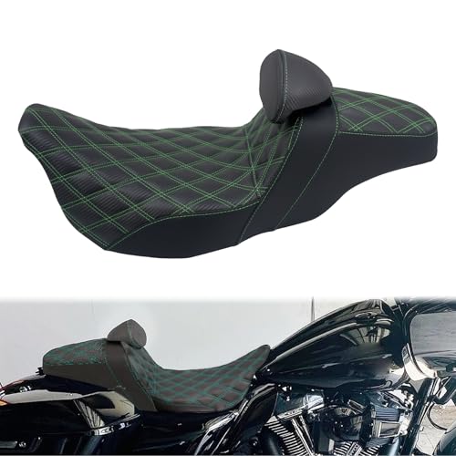 One-Piece Driver Passenger Seat Motorcycle 2-up Seat With Driver Backrest Cushion Pad Fit for Harley Touring Electra Glide Road King Road Glide Street Glide 2009-2023 (Green Stitching) - color: Green Stitching w/Driver Backrest