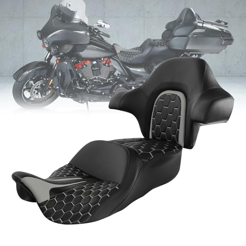 C.C. RIDER Gel Seat Driver Passenger Seat and King/Chopped Tour Trunk Backrest Fit For Harley Touring 2014-2023 Street Glide Road Glide Road King Electra Glide,Gray Hexagon - color: 23# Gel Grey+ 1 Backrest