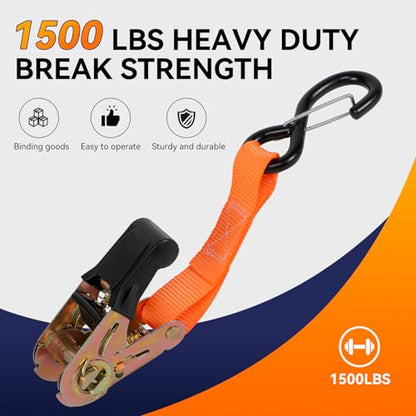 Tie Down Straps Ratchet Set, Ratchet Straps Heavy Duty 1500 LBS Break Strength Tie Downs, Ratchet Straps with S Hooks & Safety Clips, Soft Loops & Storage Bag for Motorcycle Trailer UTV Cargo