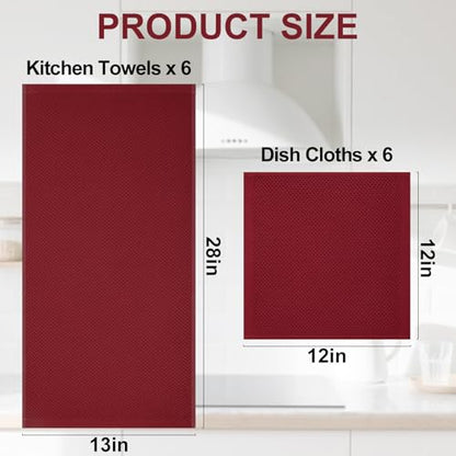 Homaxy 100% Cotton Kitchen Towels and Dishcloths Set, 12 x 12 Inches and 13 x 28 Inches, Set of 12 Bulk Kitchen Towels Set, Ultra Soft Absorbent Dish Cloths for Washing Dishes, Burgundy - color: Burgundy, style: 12-Piece Set
